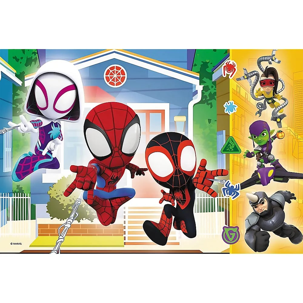 Héroes de Spiderman en acción frente a una casa, villanos a la derecha.