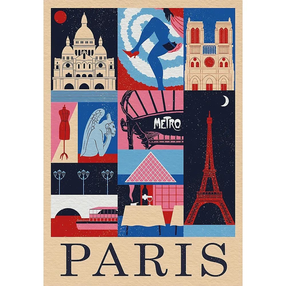 Un póster retro de París con un collage de lugares famosos como la Torre Eiffel, Sacre-Coeur y el Metro.