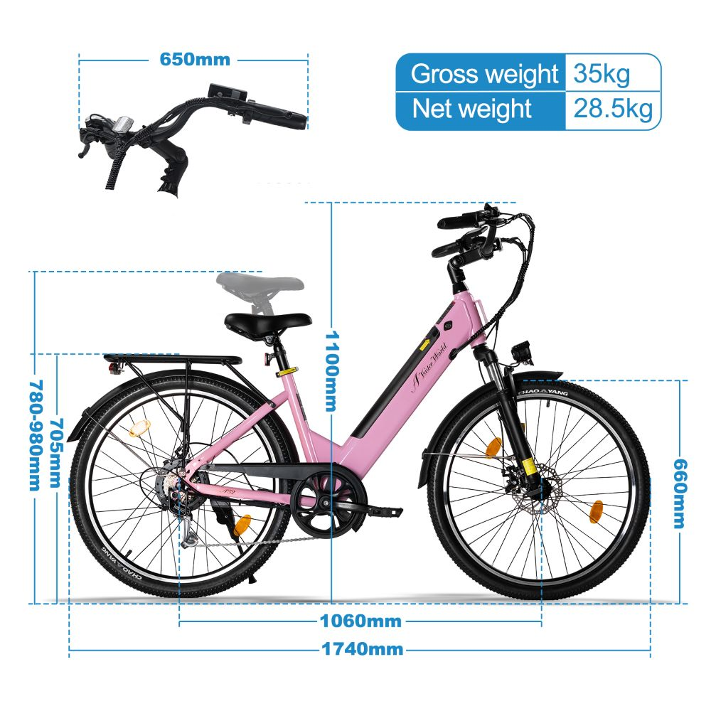 Bicicleta eléctrica rosa con dimensiones, peso y detalle del manillar sobre fondo blanco.