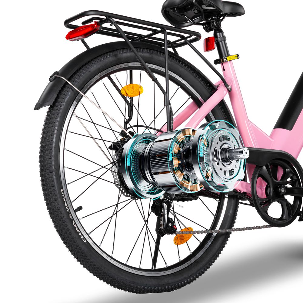 Primer plano de la rueda trasera de una bicicleta eléctrica rosa con gráfico expuesto del motor.