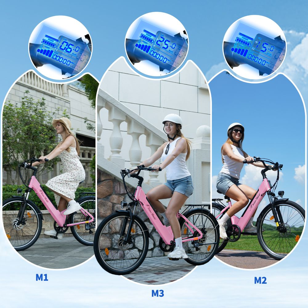 Tres mujeres montan en bicicletas eléctricas rosas, con pantallas de visualización azules arriba.