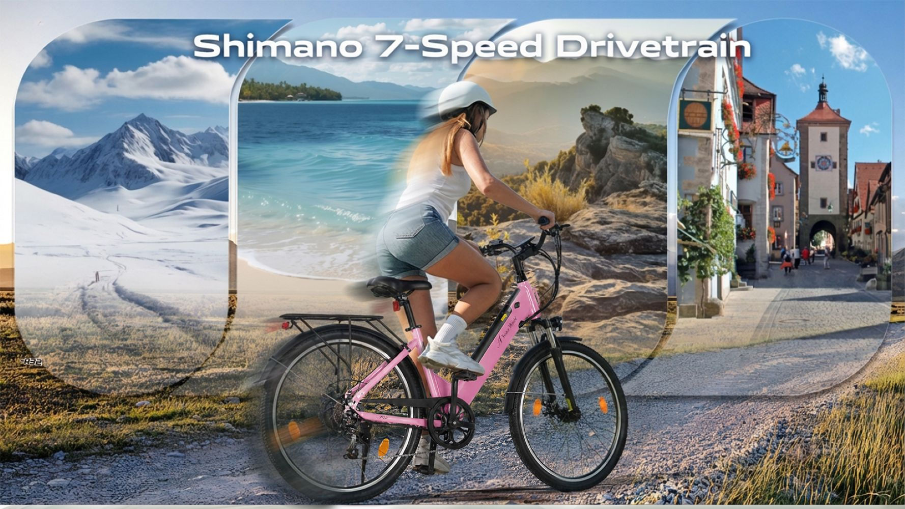 Una mujer monta en una bicicleta eléctrica rosa frente a paisajes de montaña, mar y ciudad.
