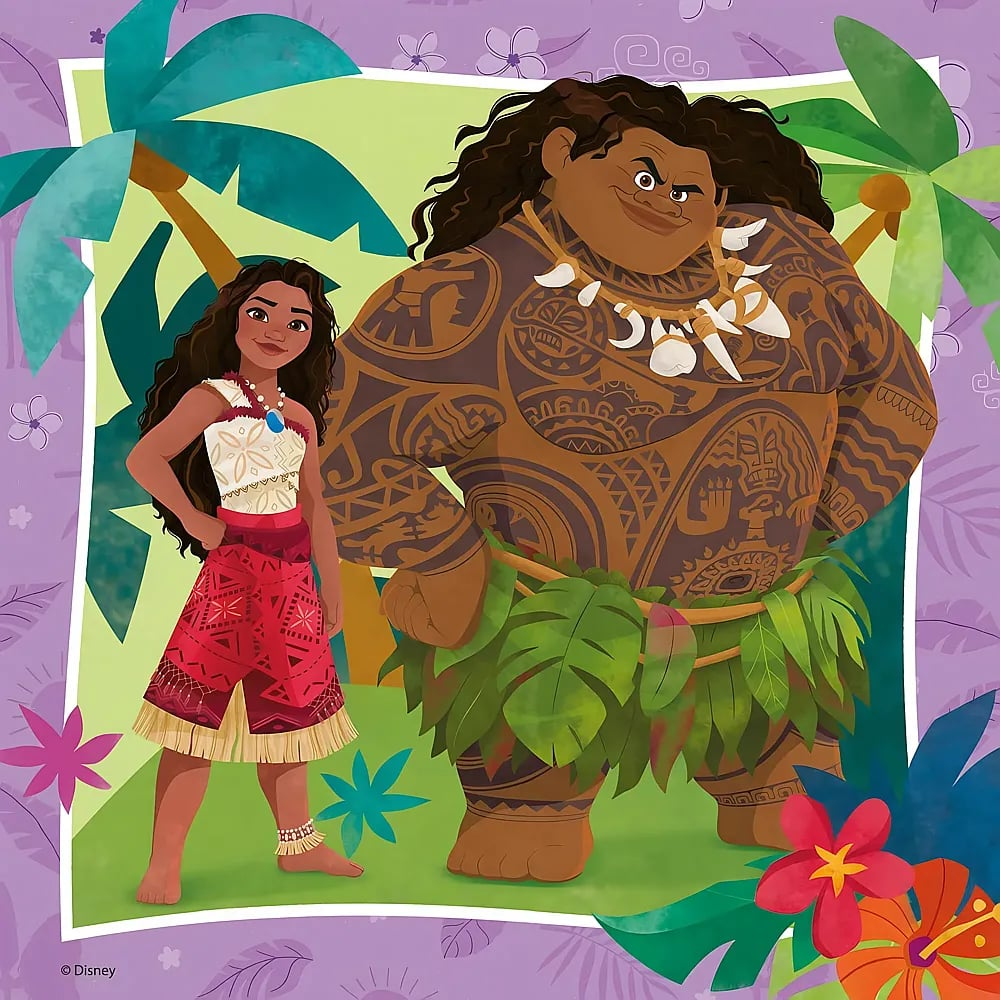 Moana y Maui están juntos en una isla tropical con palmeras y flores coloridas.