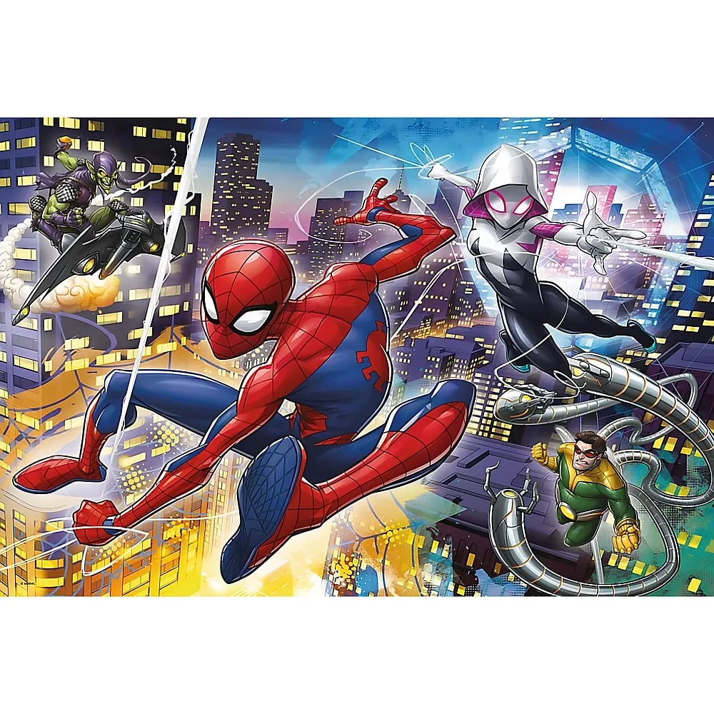 Spider-Man, Spider-Gwen y villanos luchan en una colorida ciudad nocturna.