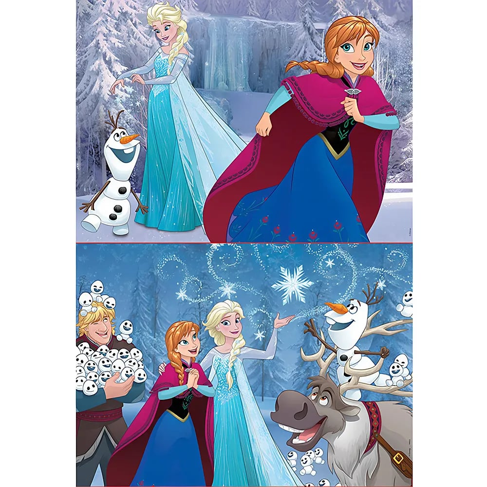 Personajes de Frozen Elsa, Anna, Olaf, Kristoff y Sven en una escena invernal nevada.