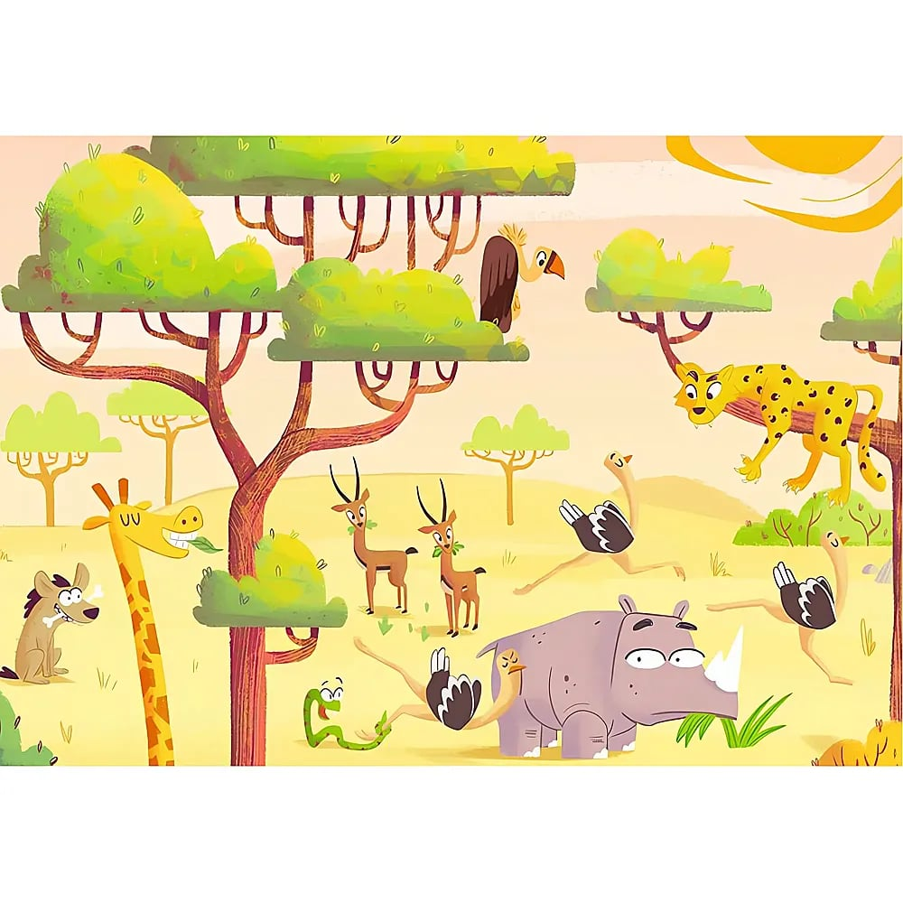 Eine bunte Cartoon-Illustration verschiedener Tiere der afrikanischen Savanne wie Nashorn, Giraffe und Leopard.