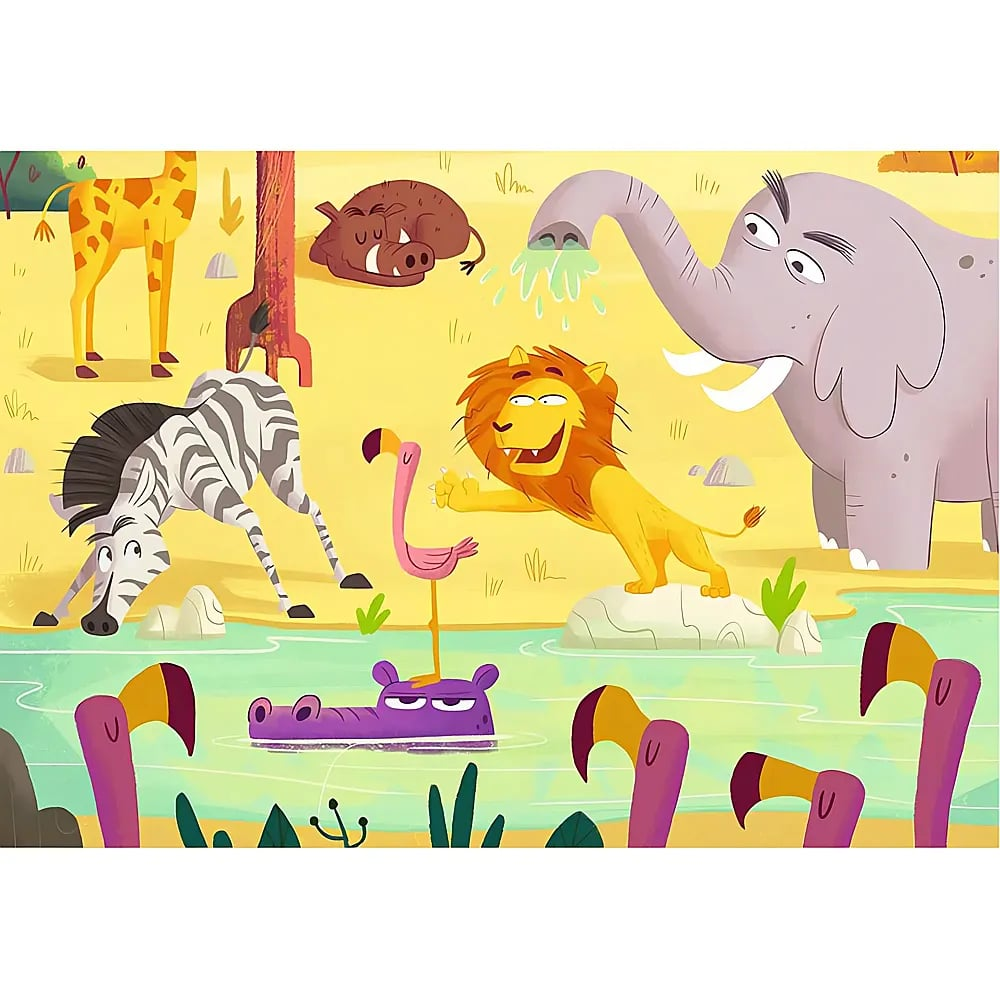 Karikatur von afrikanischen Tieren wie Löwe, Elefant, Zebra und Giraffe an einem Wasserloch in der Savanne.