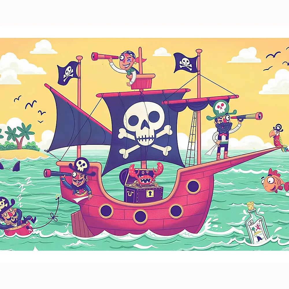 Karikatur eines pinken Piratenschiffs mit Piraten, Schatztruhe und Totenkopfflagge auf türkisem Meer.