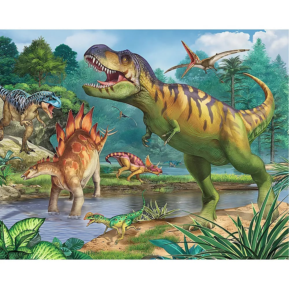 Un gruppo vario di dinosauri in una lussureggiante giungla preistorica vicino a un fiume.