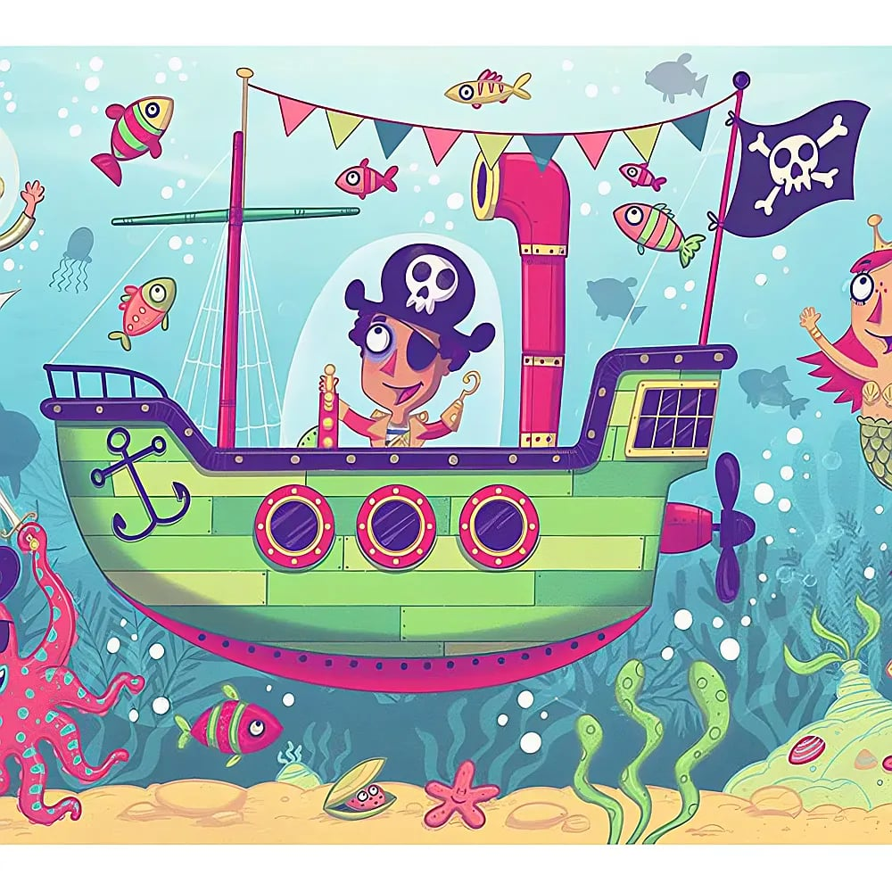 Ein Piraten-U-Boot segelt unter Wasser mit bunten Fischen, einer Meerjungfrau und einem Oktopus in einer lebendigen Szene.