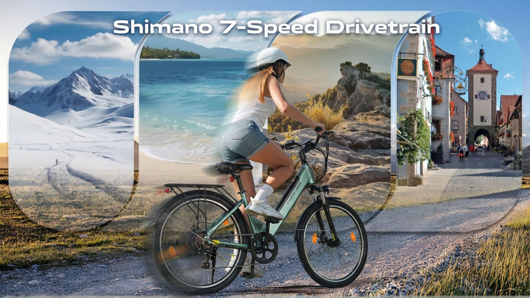 Una ciclista en una bicicleta eléctrica frente a un montaje de paisajes diversos como nieve, playa y ciudad.