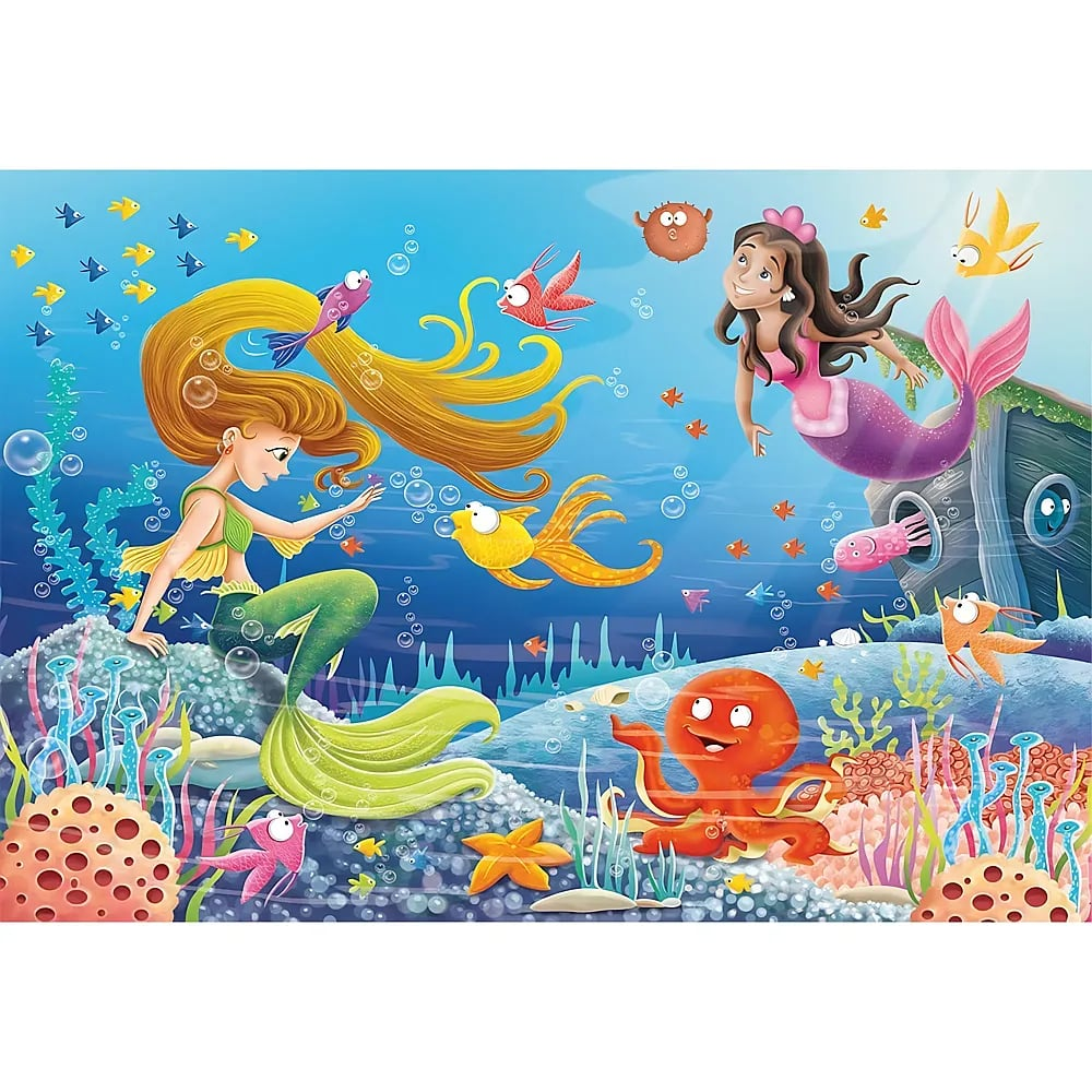 Unterwasserszene mit zwei Meerjungfrauen, bunten Fischen und einem Oktopus zwischen Korallen.