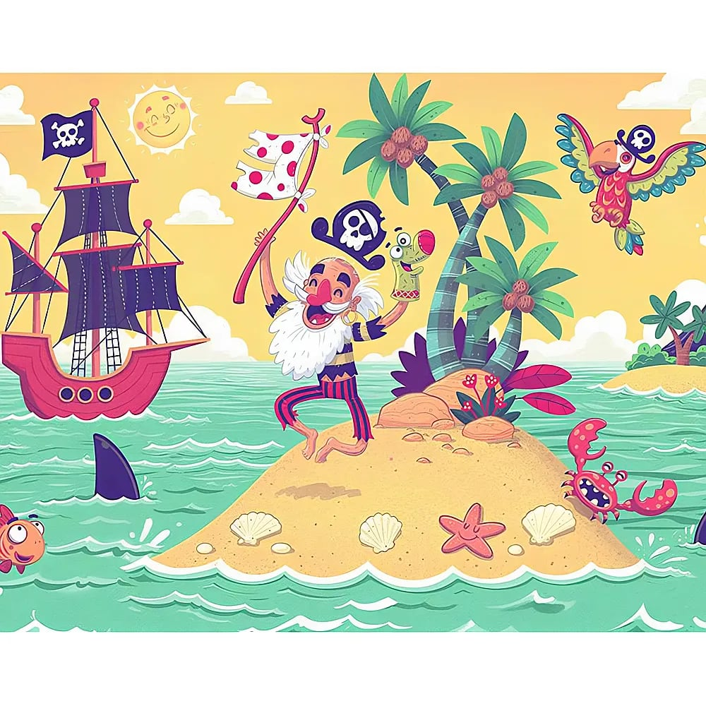 Ein fröhlicher Pirat auf einer Insel mit Schiff, Palmen, Papagei und einem freundlichen Hai im Meer.