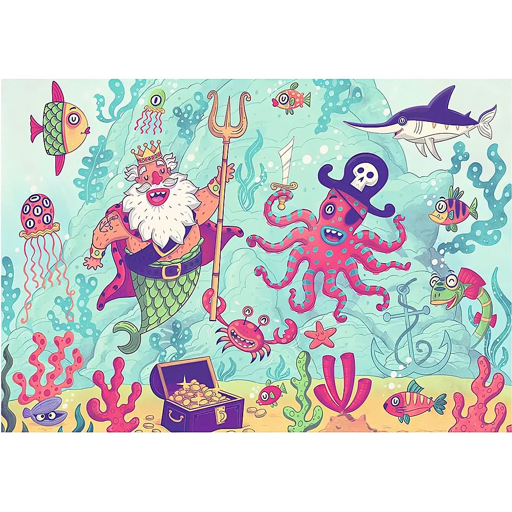 Unterwasser-Cartoon-Szene mit König Neptun, einem Piraten-Oktopus, Fischen, Korallen und einer Schatzkiste.