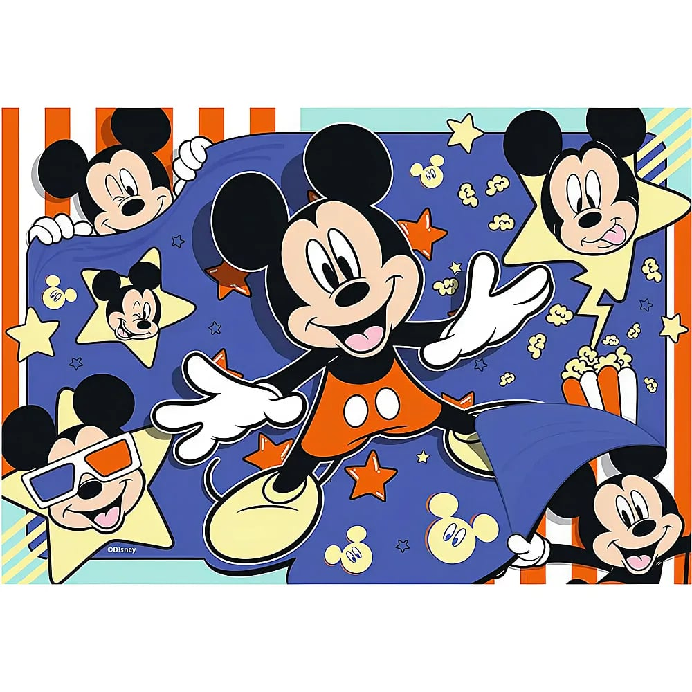 Sfondo di Topolino a cartoni animati con varie espressioni giocose e stelle su un motivo blu e arancione.
