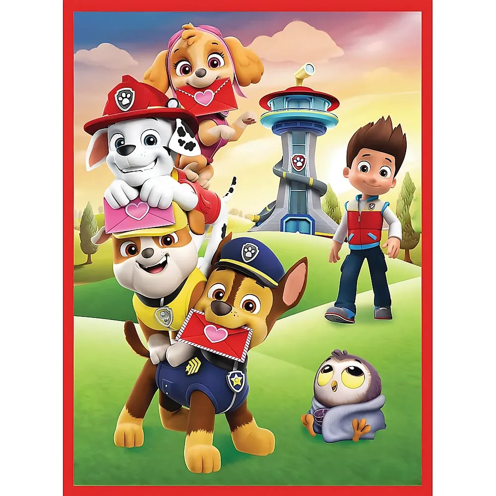 Personajes de PAW Patrol con Ryder sosteniendo cartas de amor al aire libre cerca de su torre.