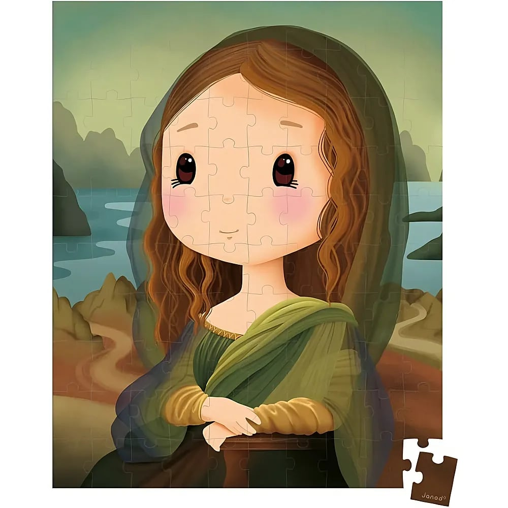 Ein cartoonartiges Puzzle der Mona Lisa vor einer Fluss- und Berglandschaft.