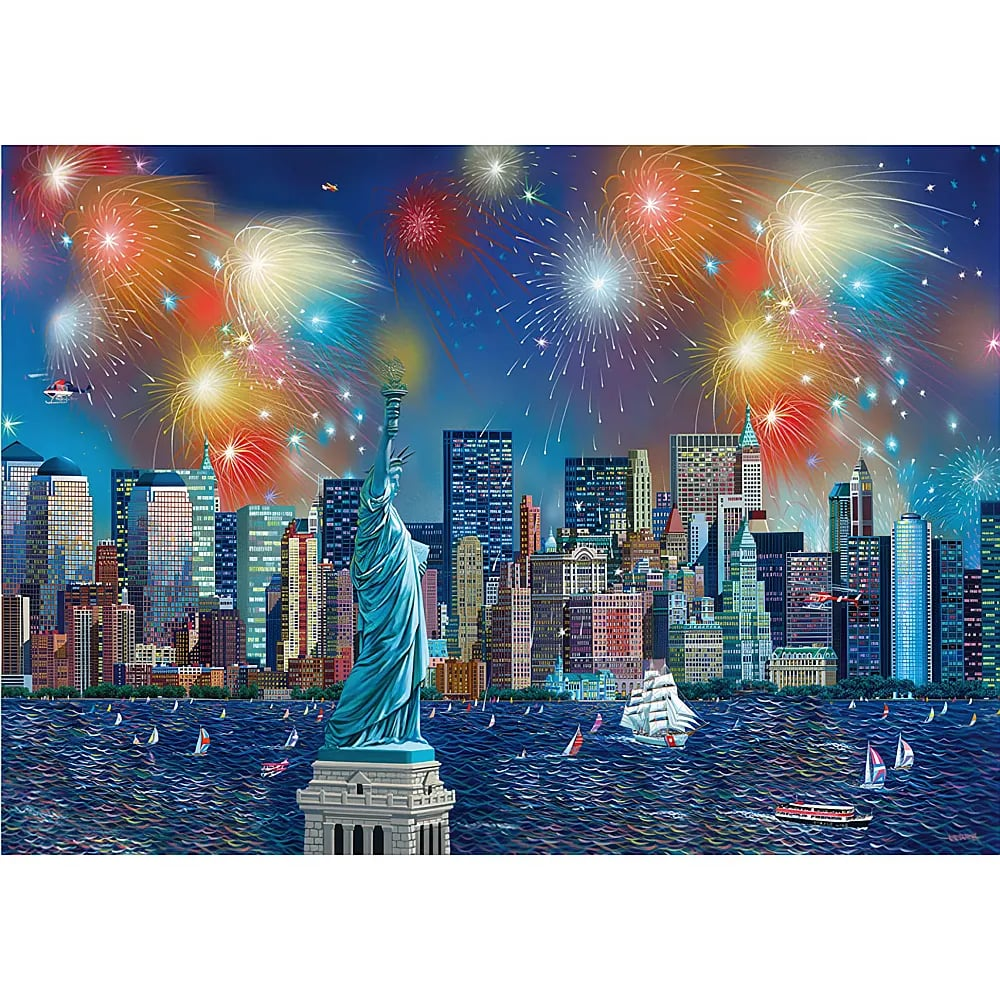La Statue de la Liberté se dresse devant les gratte-ciels de New York sous des feux d'artifice.