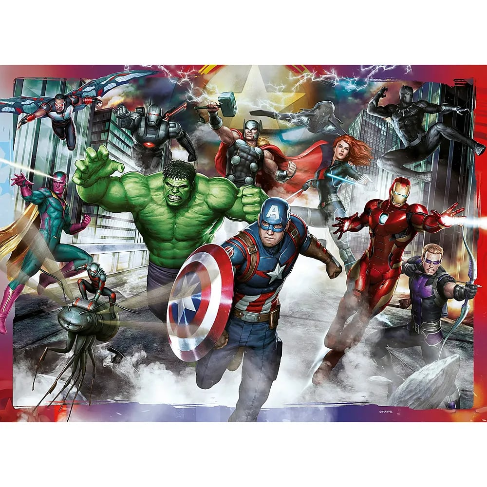 Various Marvel superheroes like Hulk, Iron Man, and Captain America in dynamic action.