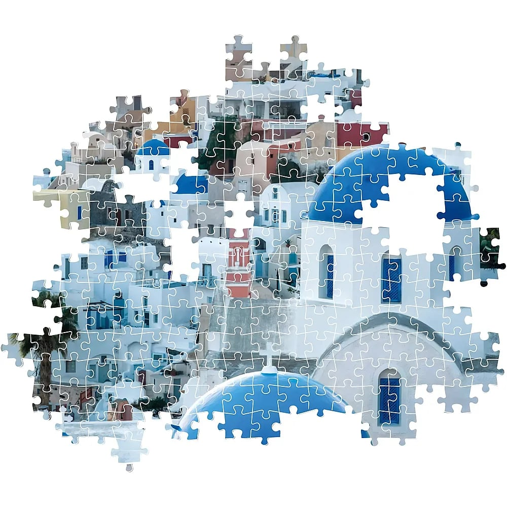 Un puzzle incompleto mostra edifici bianchi con cupole blu in Grecia.