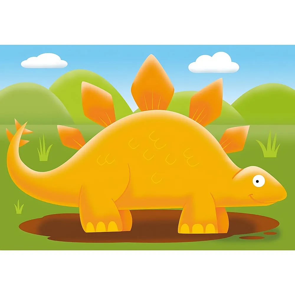 Ein gelber Stegosaurus steht in einer grünen Landschaft mit Bergen und Wolken.