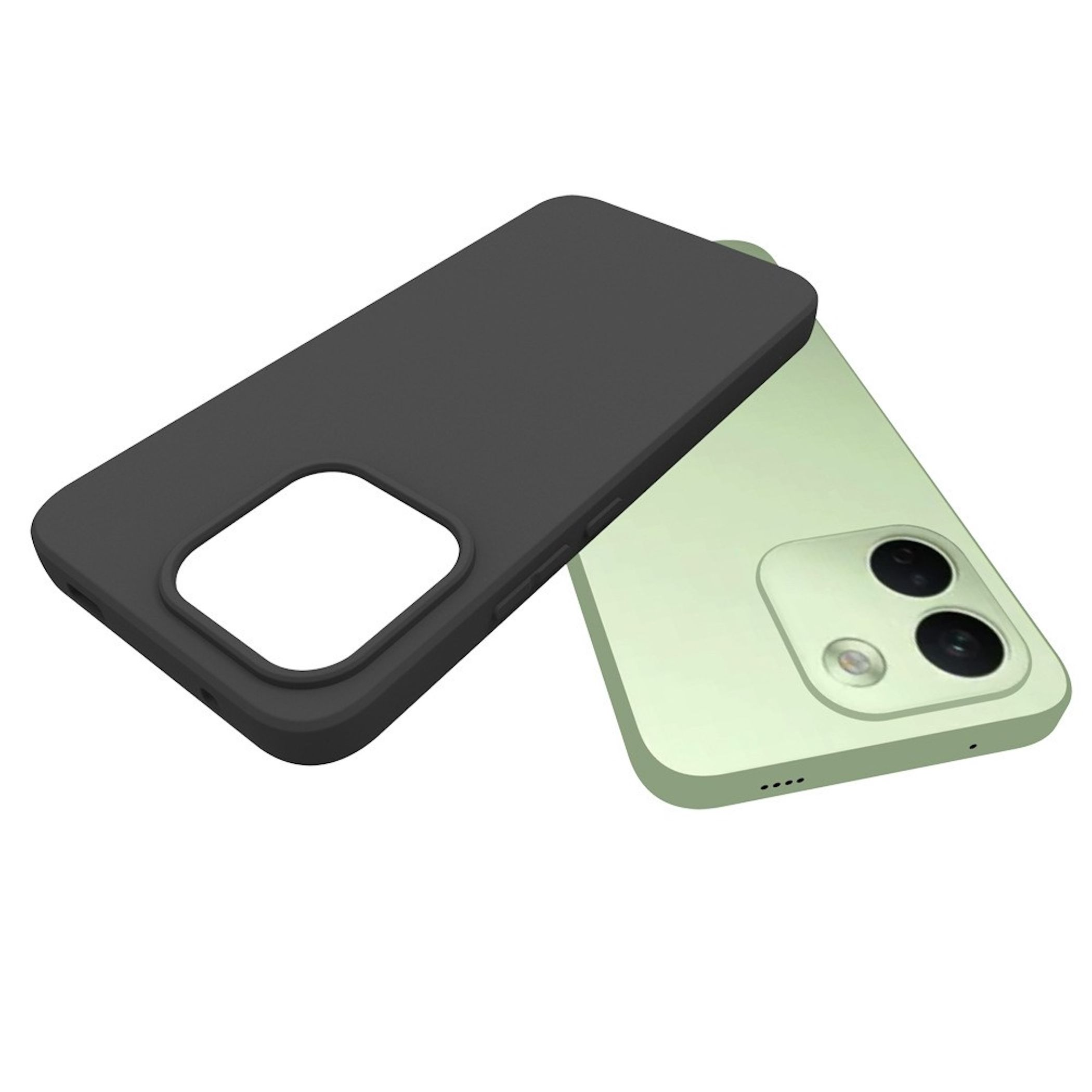 Ein hellgrünes Smartphone neben einer schwarzen Schutzhülle auf weißem Hintergrund.