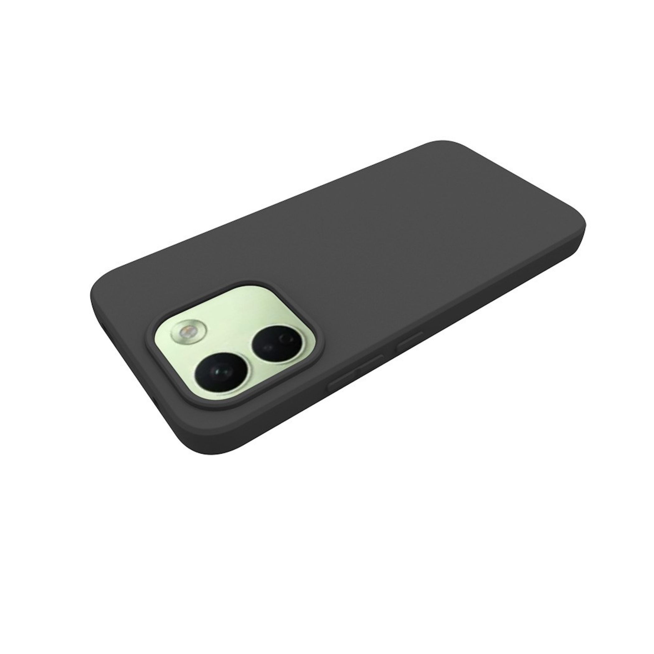 Ein schwarzes Smartphone mit einer Schutzhülle liegt auf einer weißen Oberfläche und zeigt zwei Kameraobjektive.