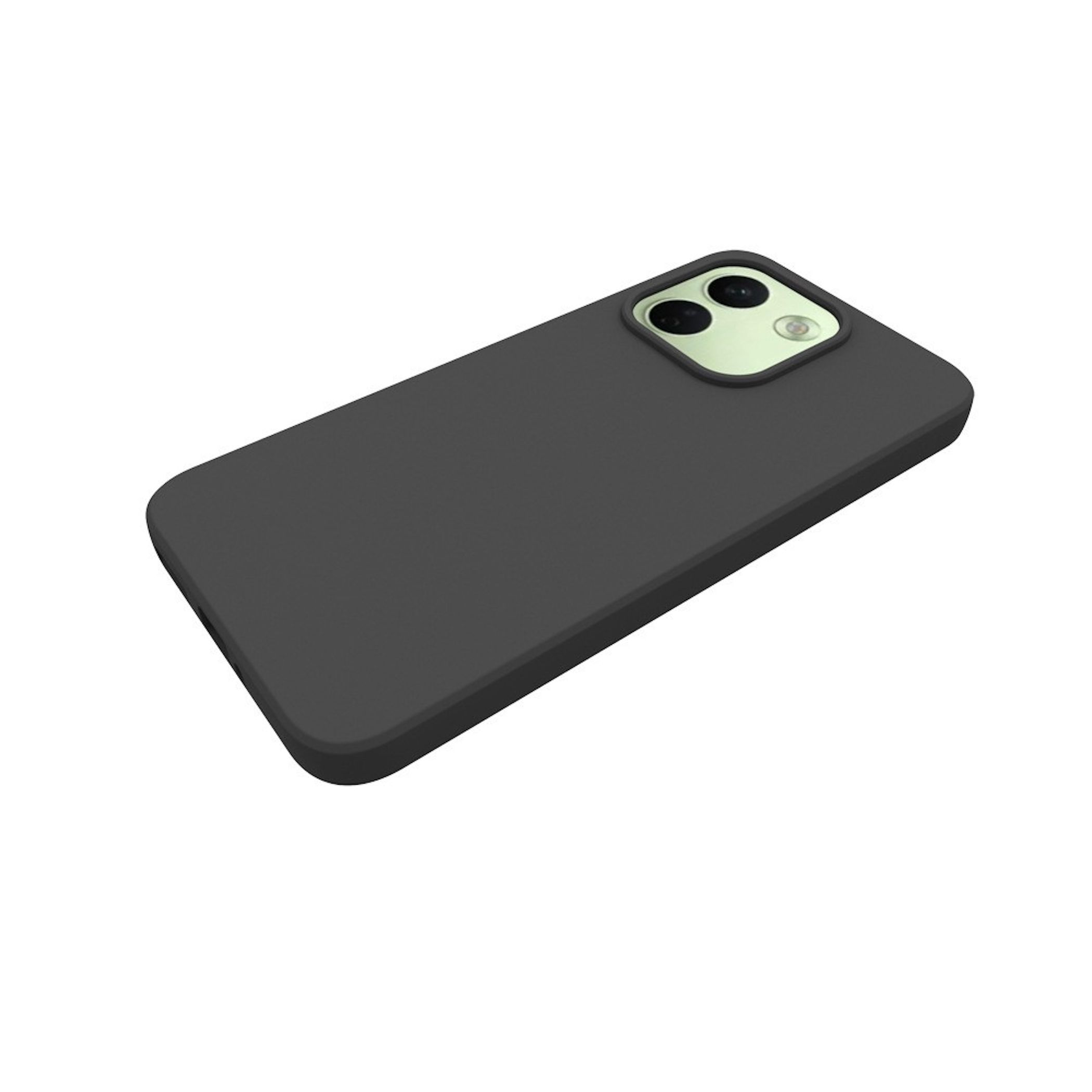 Ein schwarzes Smartphone mit einer Dual-Kamera auf der Rückseite vor weißem Hintergrund.