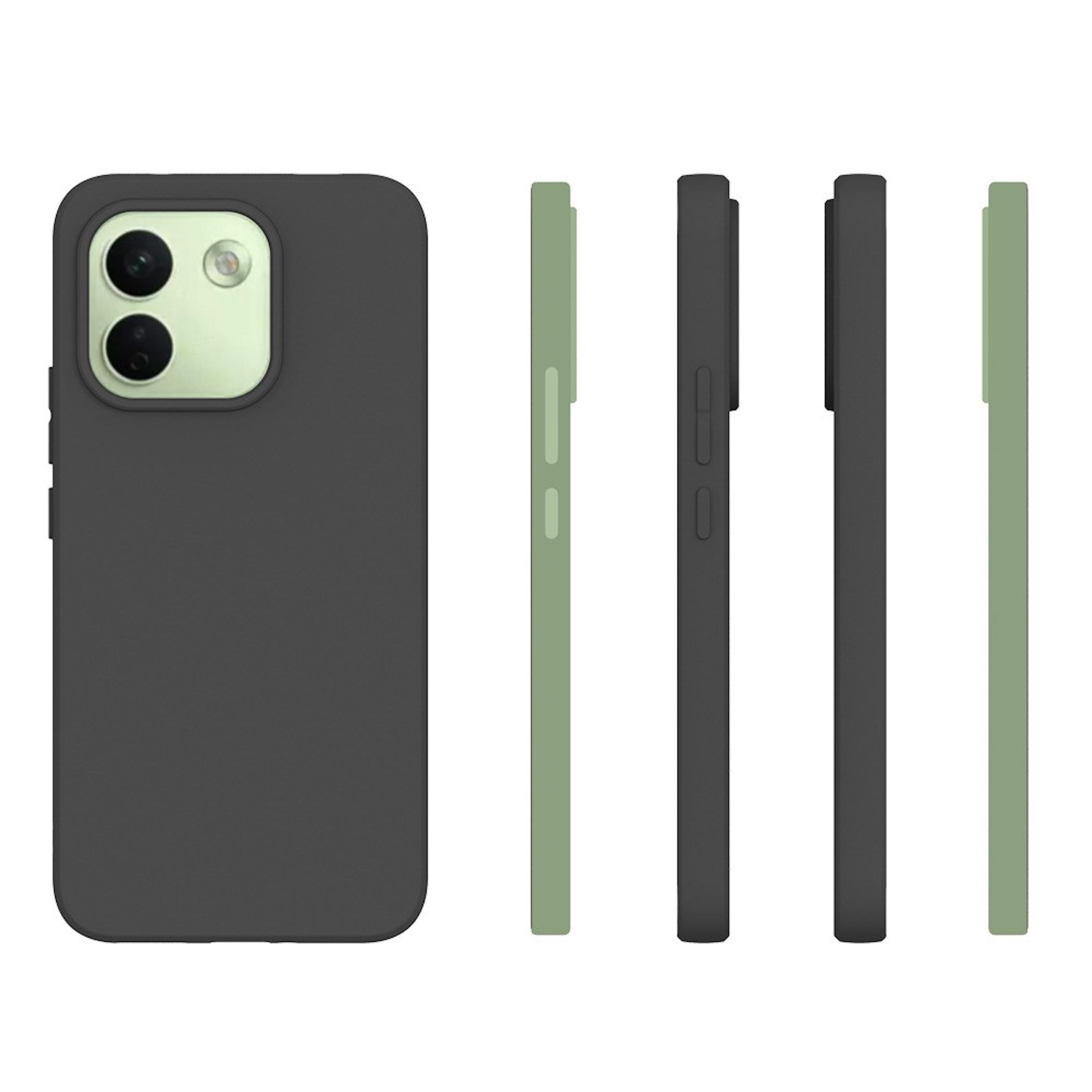Dunkelgraue Smartphone-Hülle von vorne und in vier verschiedenen Seitenansichten gezeigt.
