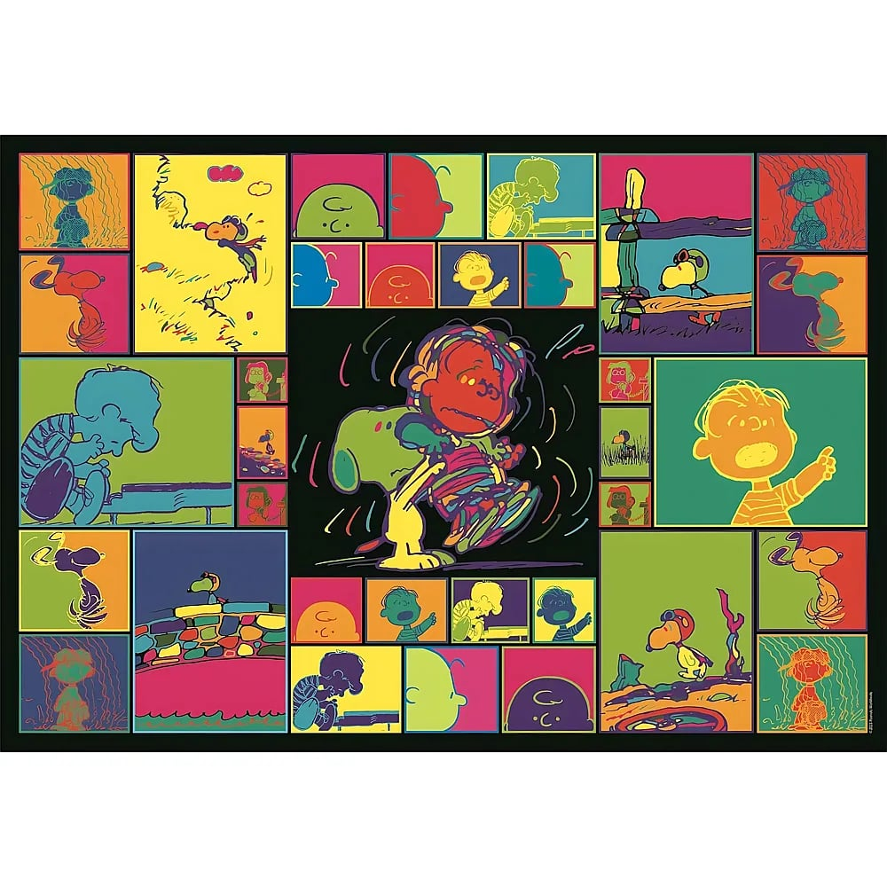 Póster de arte pop de Peanuts colorido con Charlie Brown y Snoopy en varias escenas sobre fondo negro.