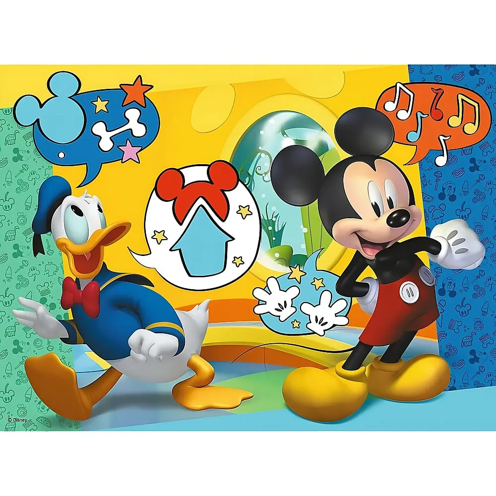 Mickey Mouse and Donald Duck stand against a colorful background with speech bubbles and symbols.