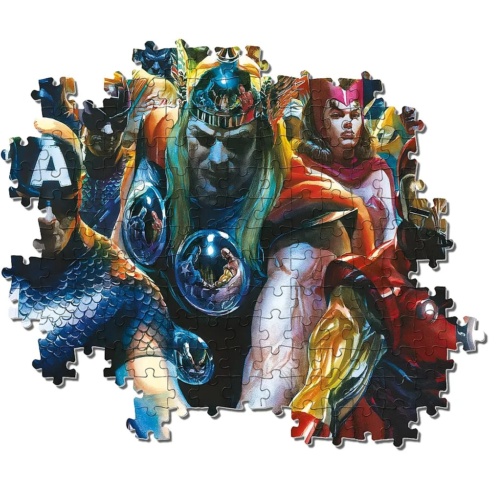 An incomplete jigsaw puzzle features comic book superheroes including Thor, Captain America, and Scarlet Witch.