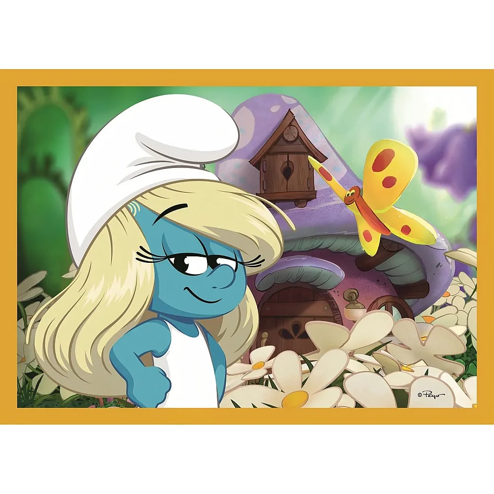 Smurfette mit blonden Haaren steht im Feld vor einem pilzförmigen Haus, während ein Schmetterling fliegt.