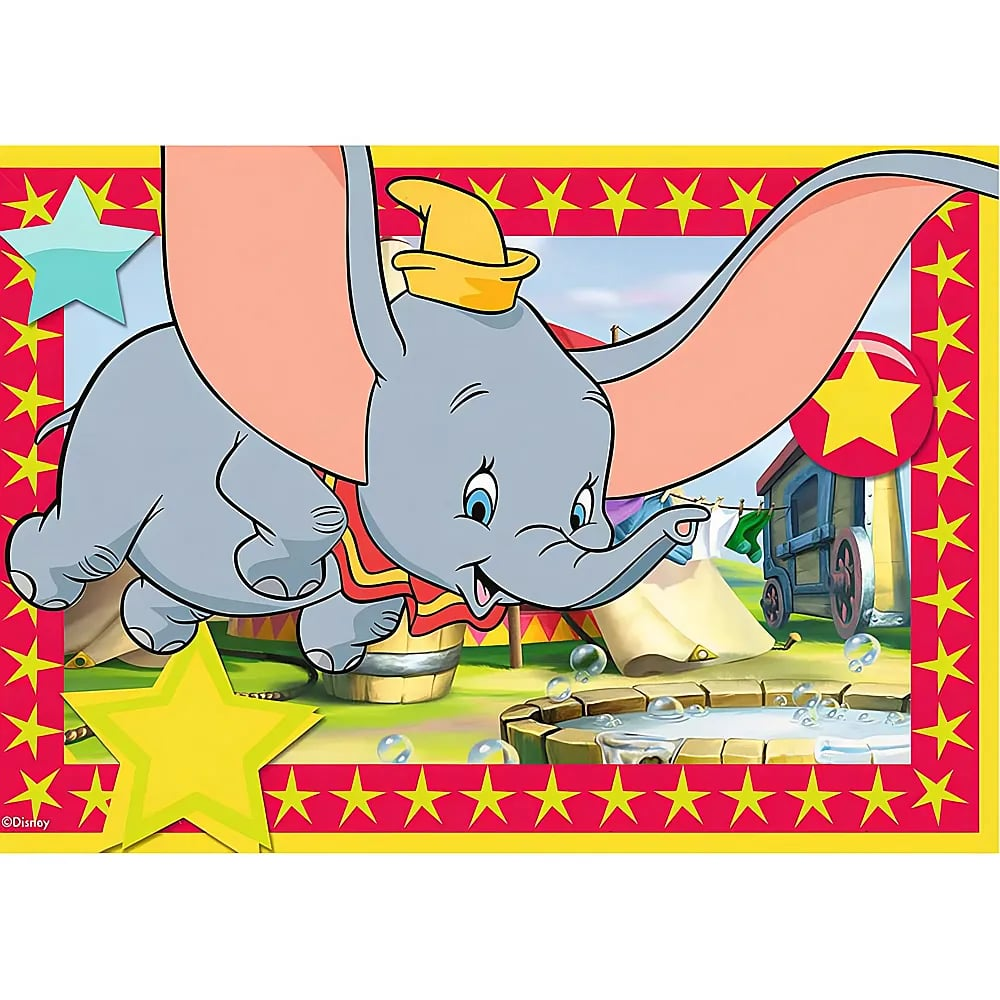 Dumbo, un piccolo elefante grigio con grandi orecchie e un cappello giallo, vola in una scena circense con stelle.