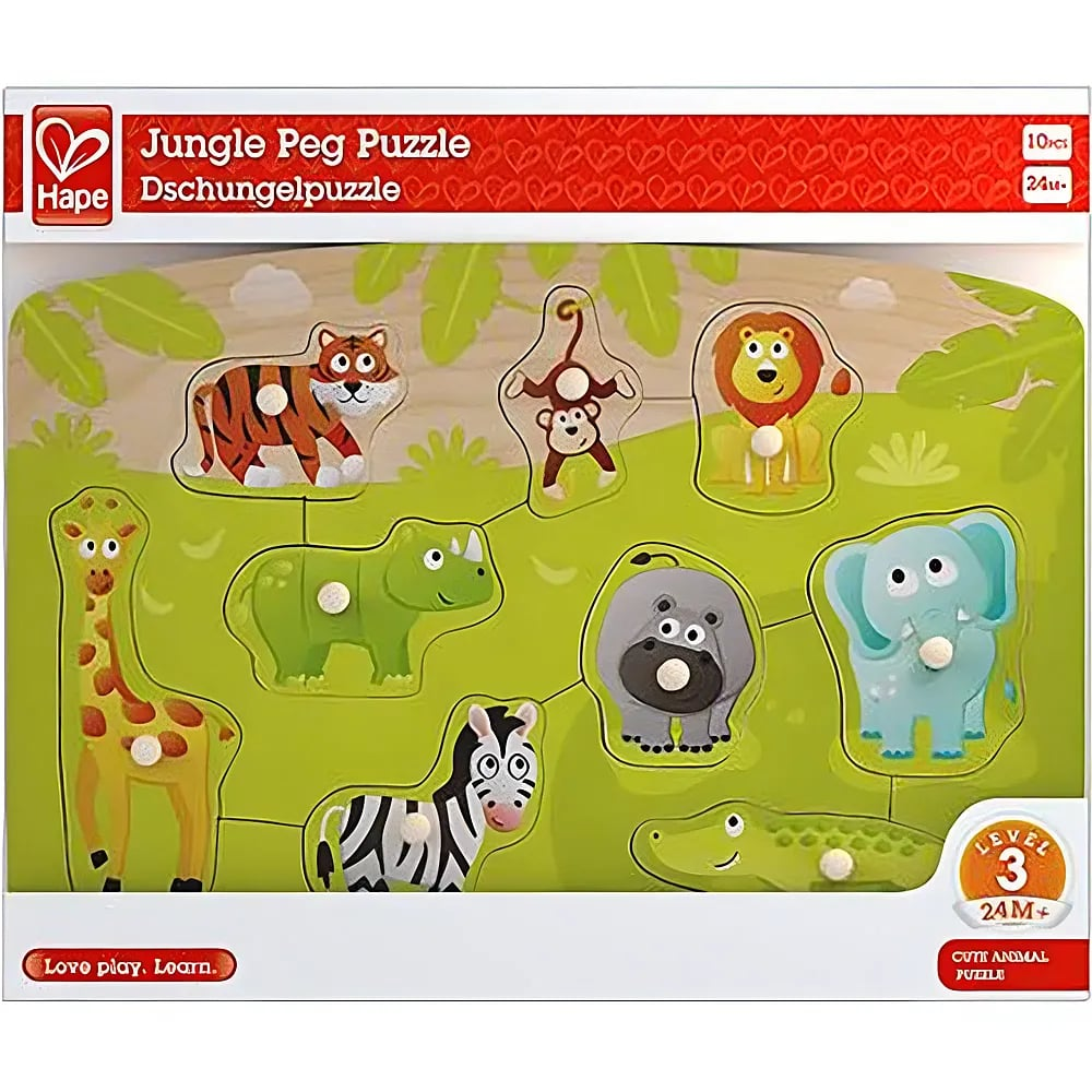 Puzzle de madera de la selva Hape con piezas de animales coloridas y pomos.