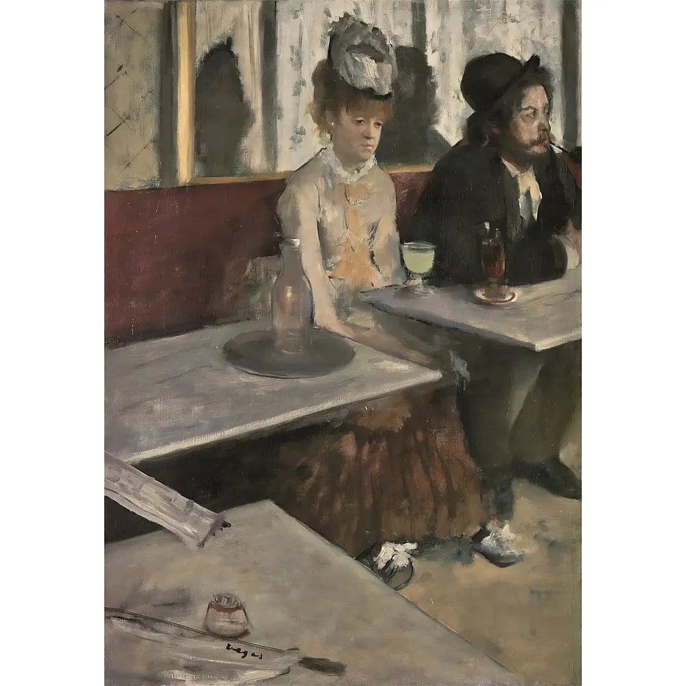 A painting depicts a woman in a light dress with a hat and a man in black clothing, sitting at tables in a cafe.