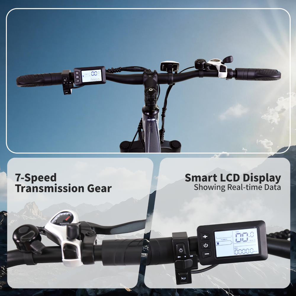 Manillar de e-bike con pantalla LCD y cambio de 7 velocidades con fondo de montaña.