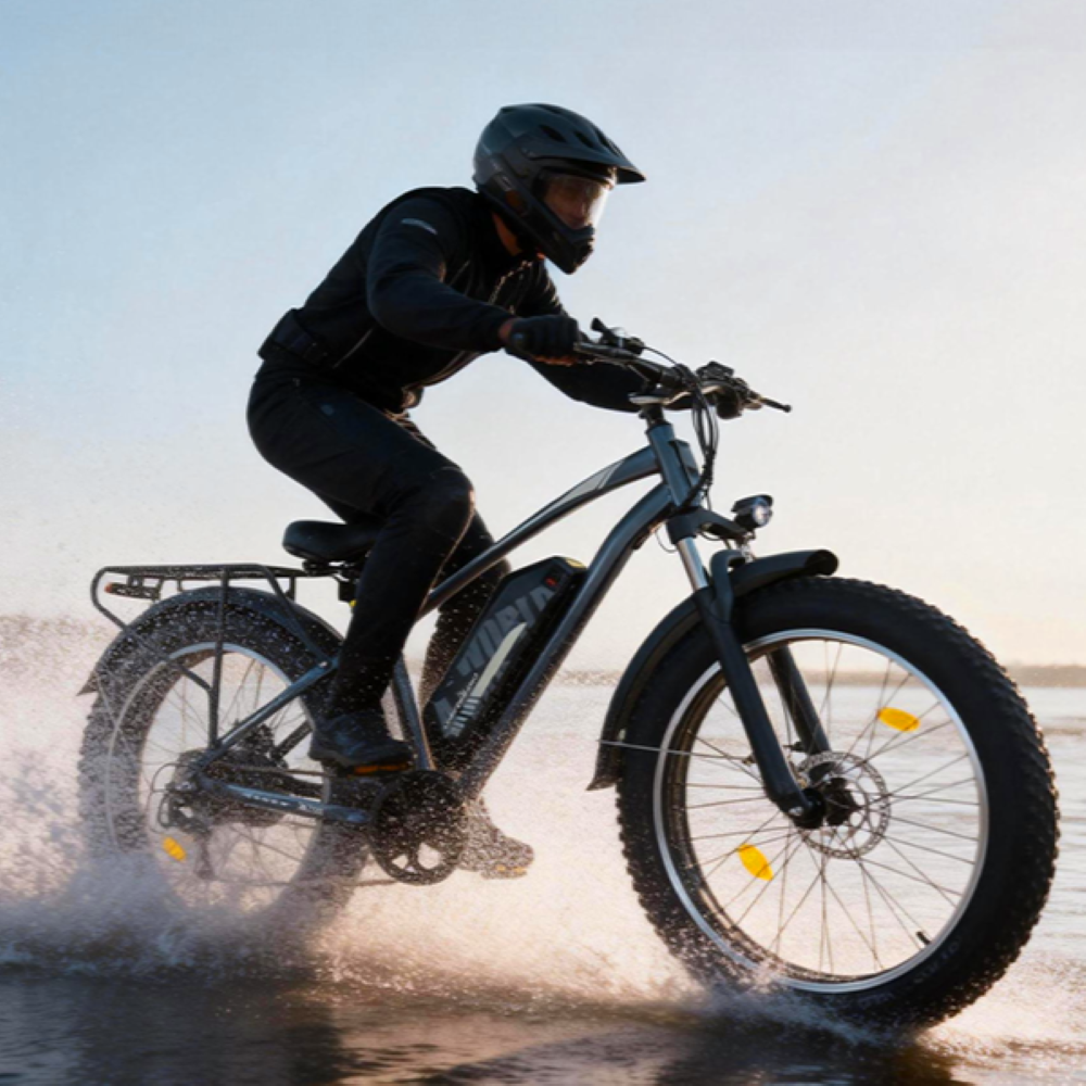 Una persona con ropa negra y casco monta en una bicicleta eléctrica de neumáticos gordos por agua poco profunda.