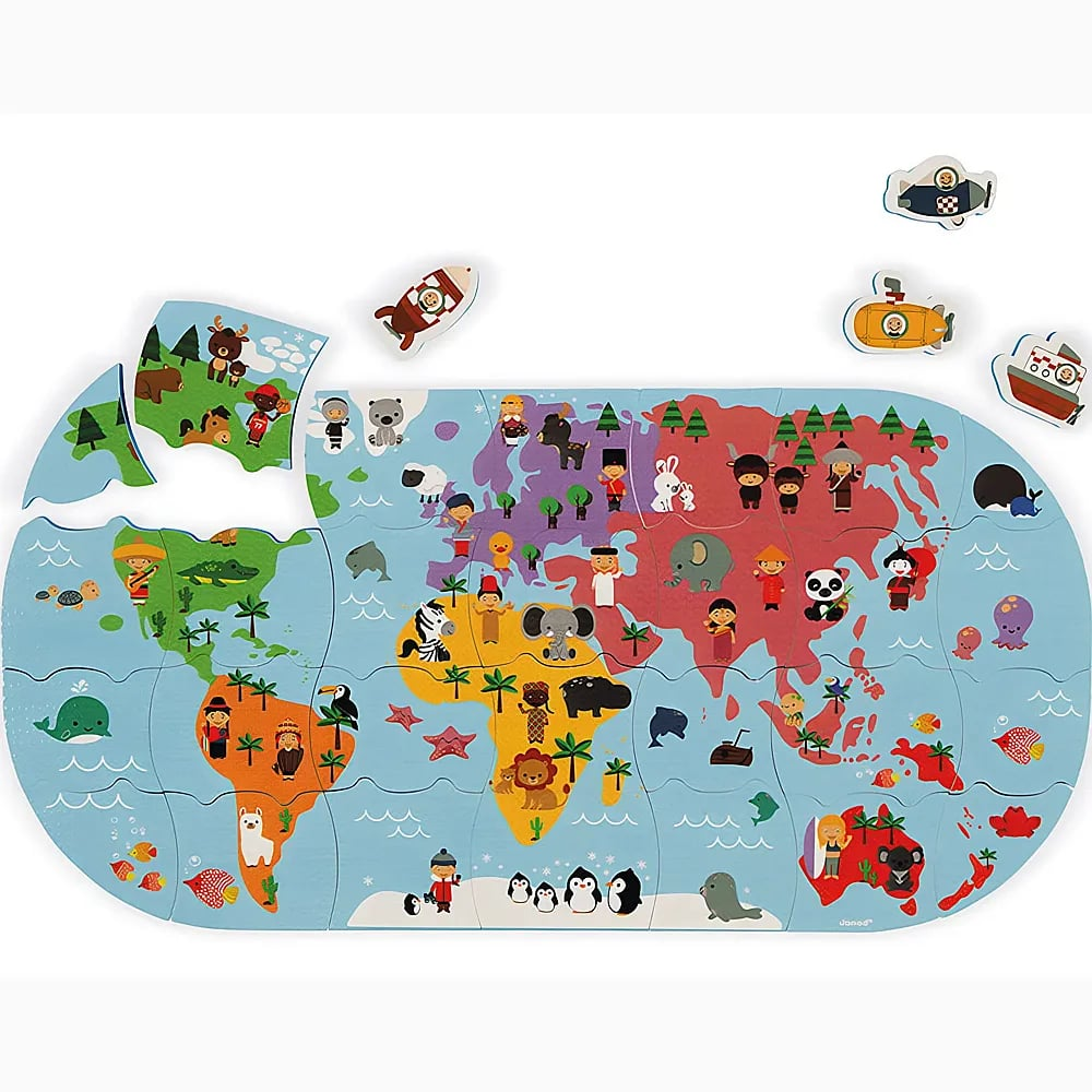 Bunte Holzweltkarte als Kinderpuzzle mit Tieren und Figuren.
