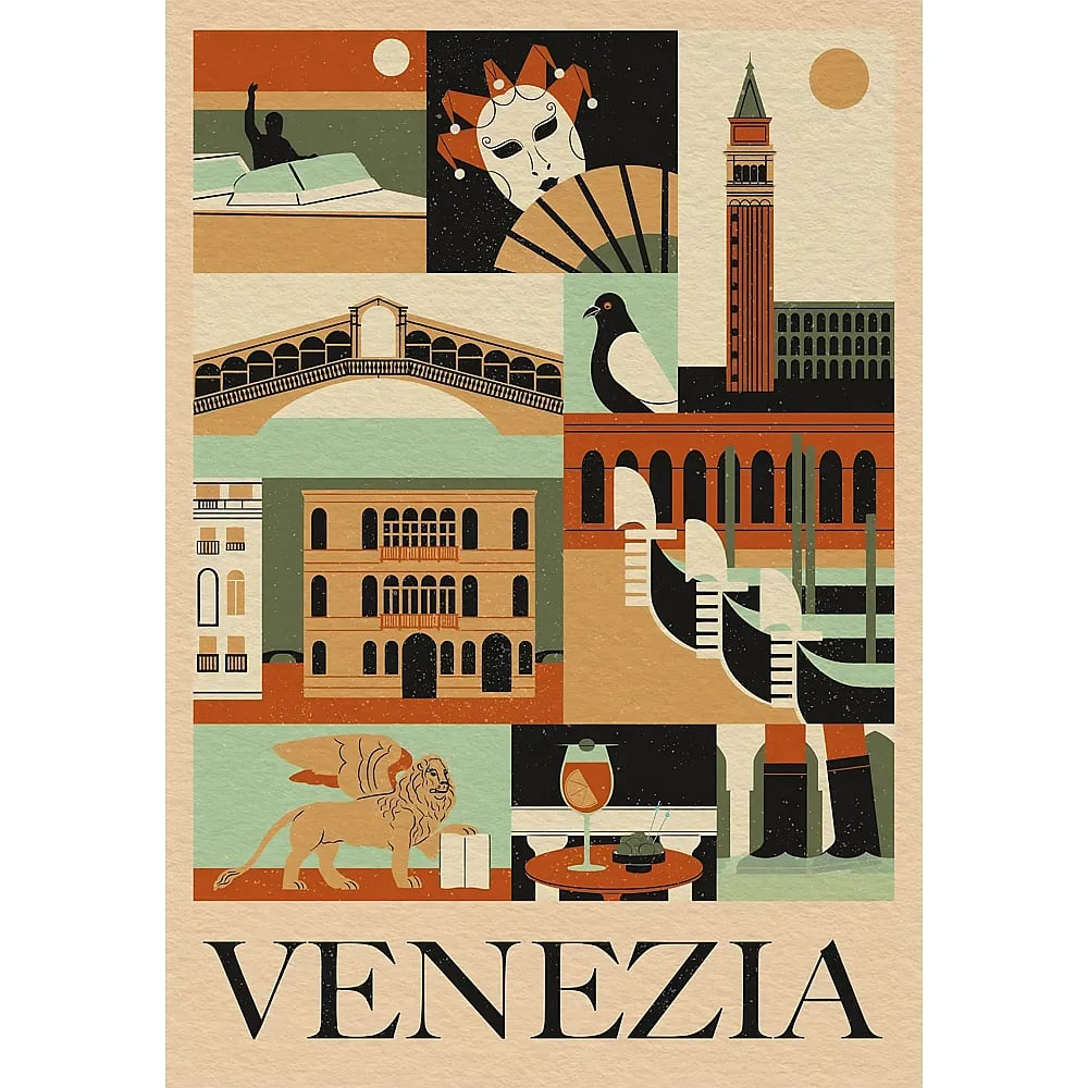 Un poster di Venezia con ponti, gondole, il campanile e maschere in colori retrò.