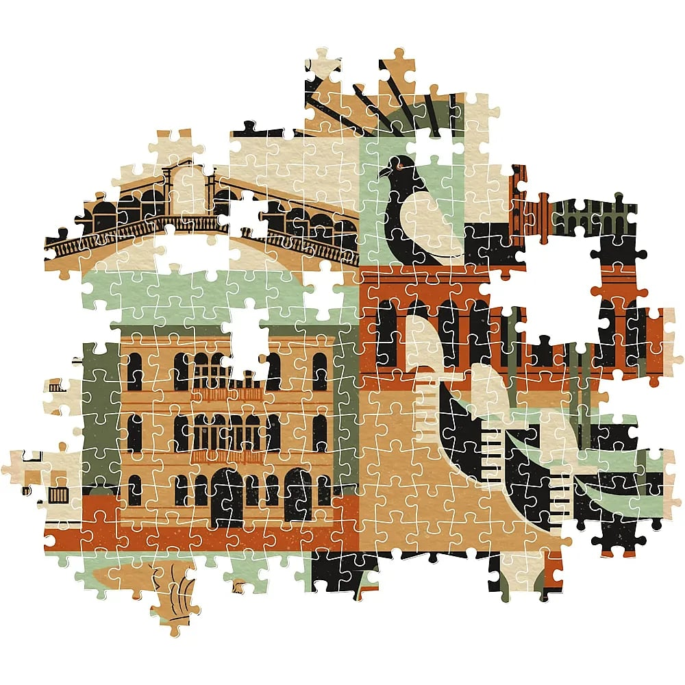 Un puzzle incompiuto che raffigura una scena italiana con un ponte, edifici e un piccione.