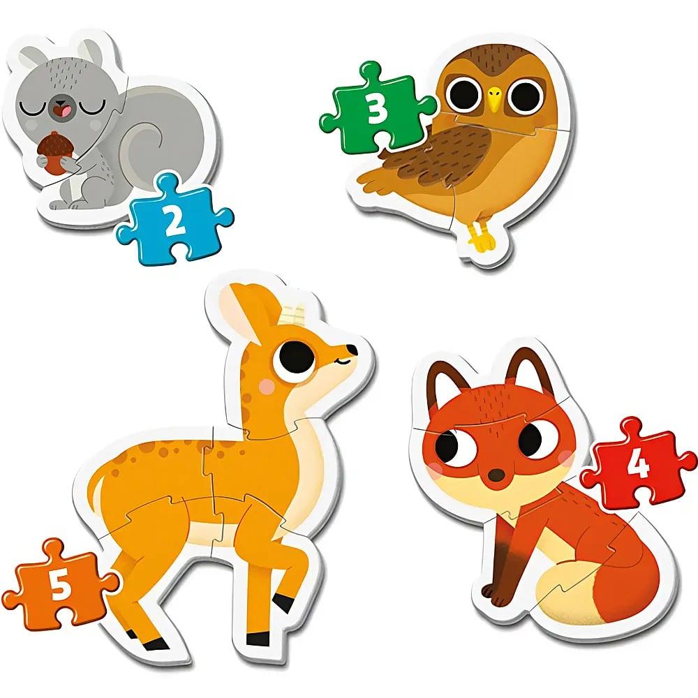 Quattro puzzle di animali con scoiattolo, gufo, cerbiatto e volpe e pezzi numerati.