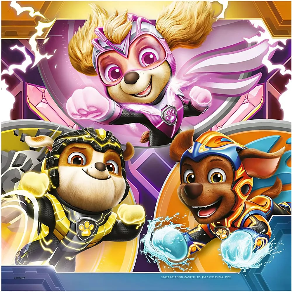 Drei Paw Patrol Pups in Superhelden-Kostümen fliegen vor einem farbigen Hintergrund.