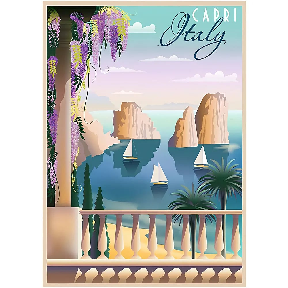 Capri, Italien Plakat mit Klippen, Segelbooten, Balkon und violetten Glyzinien.