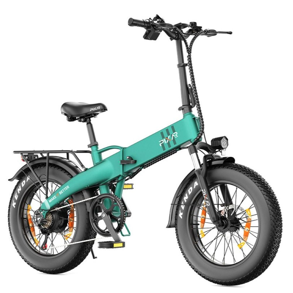 Bicicleta eléctrica plegable turquesa con neumáticos anchos, parrilla trasera y foco delantero sobre fondo blanco.