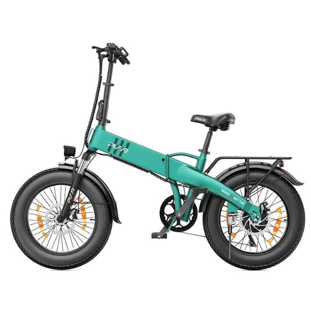 Una bicicleta eléctrica plegable verde menta con neumáticos gruesos, portaequipajes y frenos de disco.