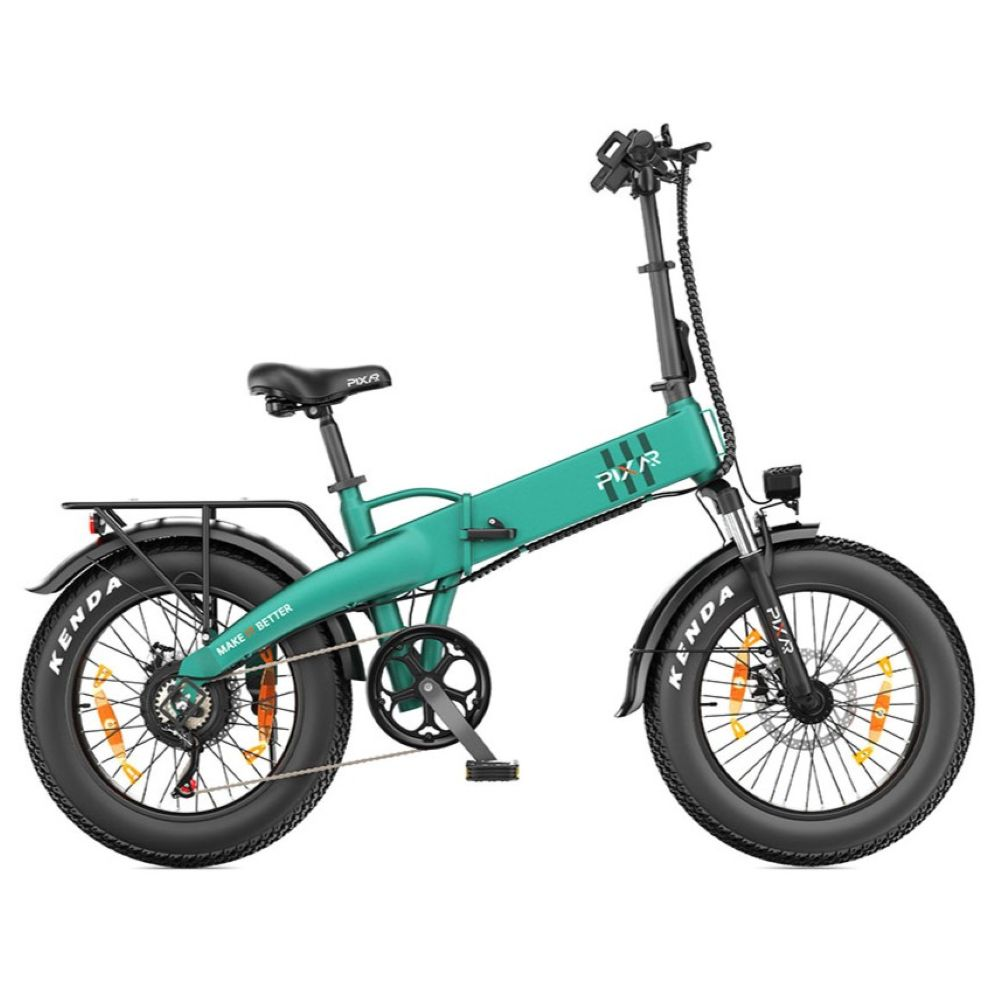 Una bicicleta eléctrica plegable verde menta con neumáticos anchos y marcas Kenda sobre fondo blanco.