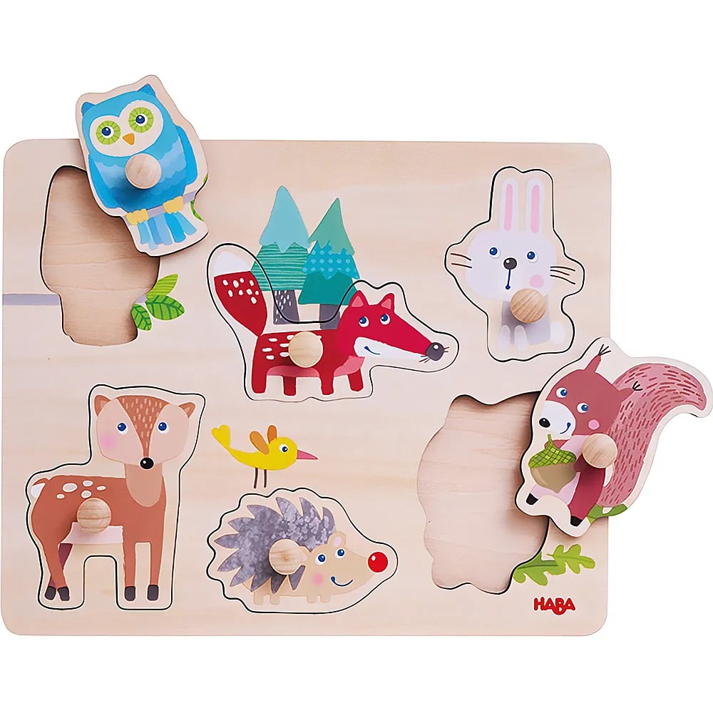 Un puzzle in legno con simpatici animali colorati come volpe, gufo, cerbiatto, coniglio, riccio e scoiattolo.