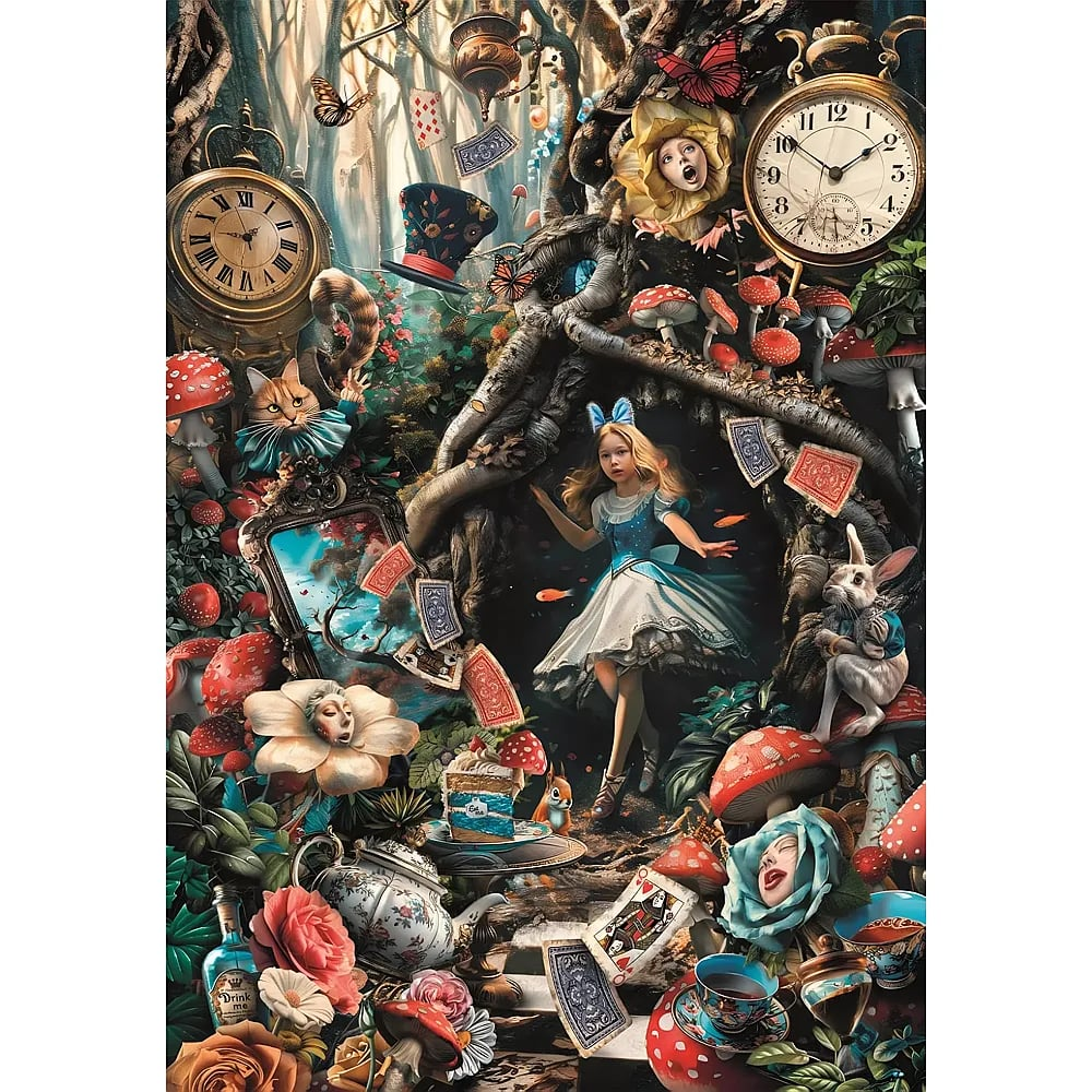 Alice im Wunderland mit Uhr, Pilzen, spielkarten und Figuren im Wald.