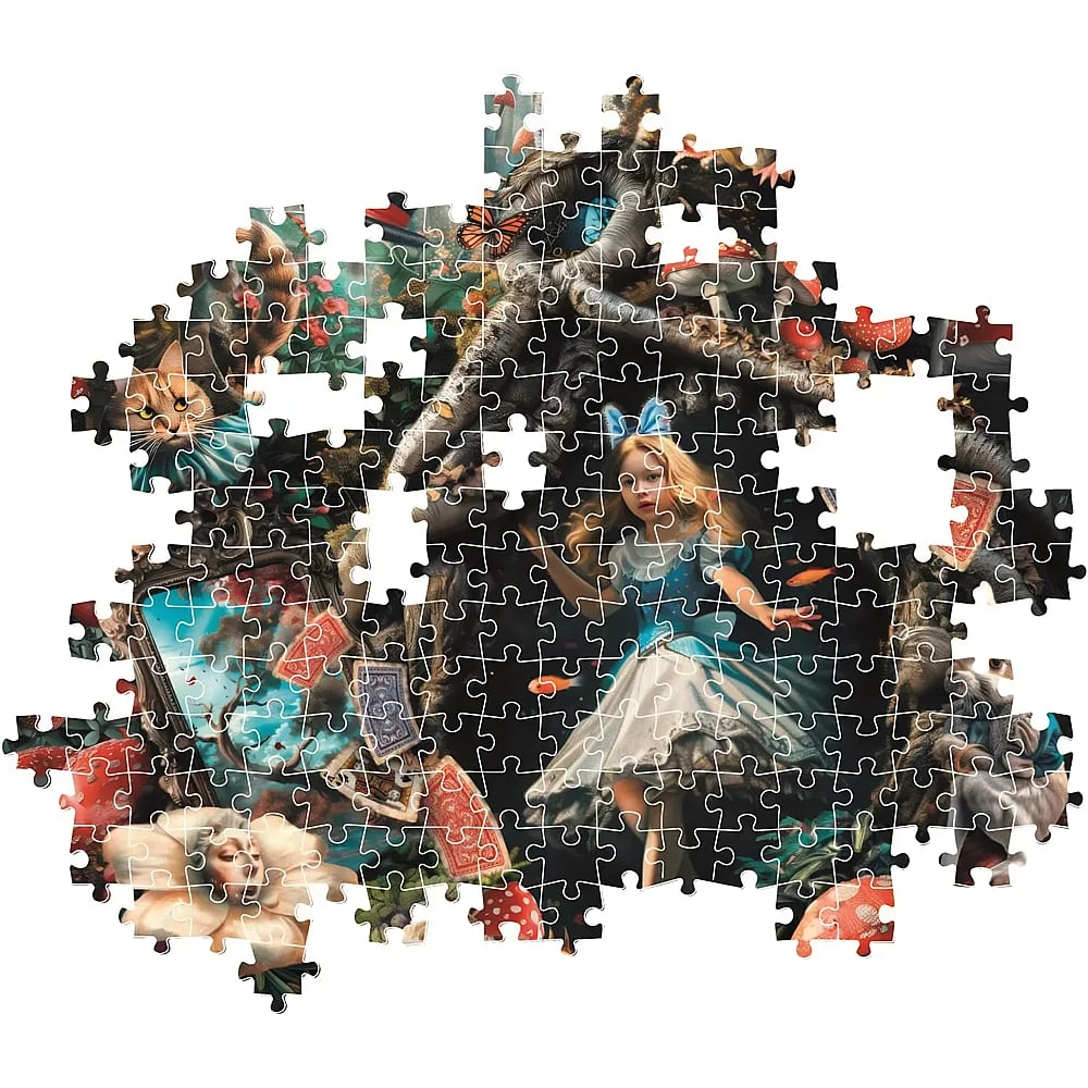 Ein teilweise zusammengesetztes Puzzle zeigt Alice im Wunderland mit Figuren und einer surrealen Szene.